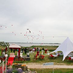 Inselhof Vineta Hochzeitspavillon und Gaeste, die rote Herzluftballons steigen lassen