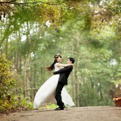 Imagebild Hochzeitspaar auf einem Waldweg